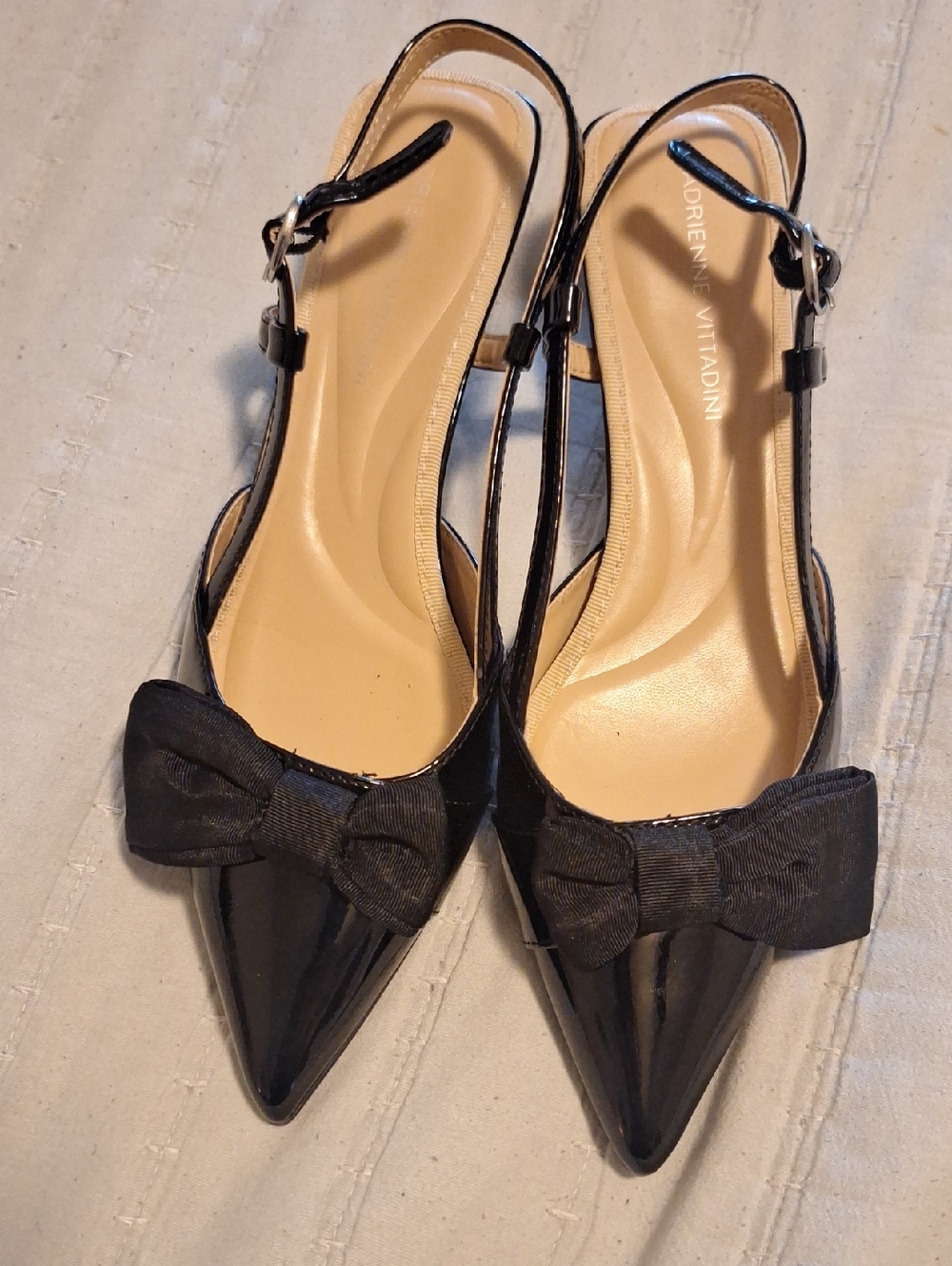 Adrienne Vittadini Black Patent Pointed-Toe Slingback Flats with Bow Accent